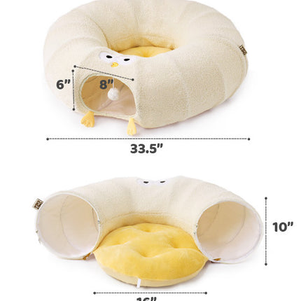 White Cute Foldable Cat Tunnel Bed with Dual-Zipper Detachable & Connectable Design - 2-in-1 Versatile Circular Doughnut Nest & S-Curve Play Center, Easy Fold-Away Storage (85x85x26CM).
