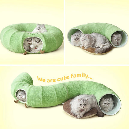 Green Cute Foldable Cat Tunnel Bed with Dual-Zipper Detachable & Connectable Design - 2-in-1 Versatile Circular Doughnut Nest & S-Curve Play Center, Easy Fold-Away Storage (85x85x26CM).