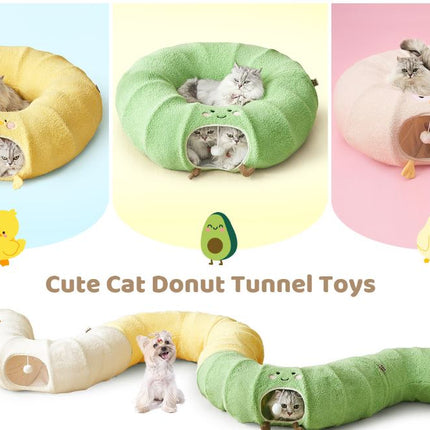 Green Cute Foldable Cat Tunnel Bed with Dual-Zipper Detachable & Connectable Design - 2-in-1 Versatile Circular Doughnut Nest & S-Curve Play Center, Easy Fold-Away Storage (85x85x26CM).