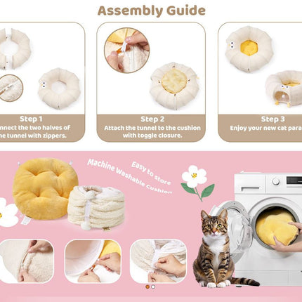 Green Cute Foldable Cat Tunnel Bed with Dual-Zipper Detachable & Connectable Design - 2-in-1 Versatile Circular Doughnut Nest & S-Curve Play Center, Easy Fold-Away Storage (85x85x26CM).