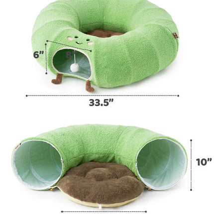 Green Cute Foldable Cat Tunnel Bed with Dual-Zipper Detachable & Connectable Design - 2-in-1 Versatile Circular Doughnut Nest & S-Curve Play Center, Easy Fold-Away Storage (85x85x26CM).
