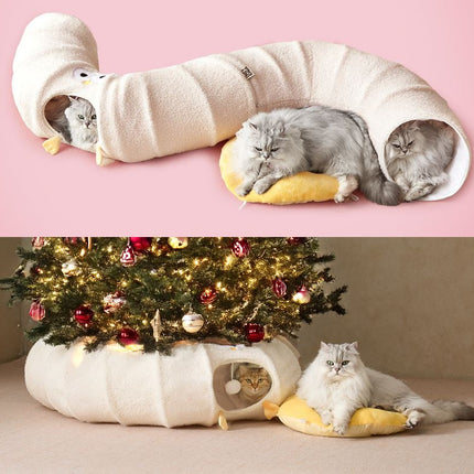 Green Cute Foldable Cat Tunnel Bed with Dual-Zipper Detachable & Connectable Design - 2-in-1 Versatile Circular Doughnut Nest & S-Curve Play Center, Easy Fold-Away Storage (85x85x26CM).