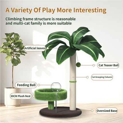 Large Multi-Functional Cat Tree & Activity Tower - All-in-One 70CM Tall Sisal Scratching Post, 31CM Diameter Plush Condo and Interactive Wobbling Feeder.