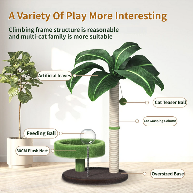 Large Multi-Functional Cat Tree & Activity Tower - All-in-One 70CM Tall Sisal Scratching Post, 31CM Diameter Plush Condo and Interactive Wobbling Feeder.