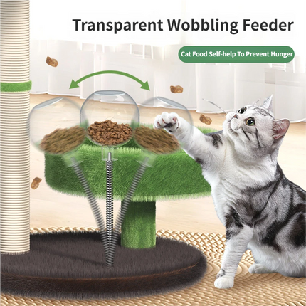 Large Multi-Functional Cat Tree & Activity Tower - All-in-One 70CM Tall Sisal Scratching Post, 31CM Diameter Plush Condo and Interactive Wobbling Feeder.