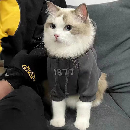 2-Pack 2XL sizeTrendy Pet Hoodie with "1977" Print - Warm Winter Wear for Cats and Small Dogs - with Plush Lining -   Beige and Dark Grey.
