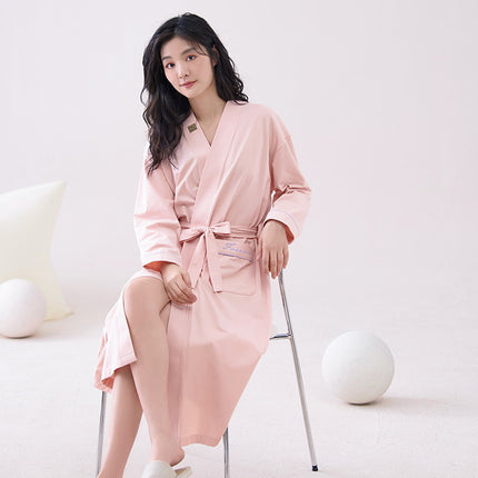 Pink  L size Women's Cotton Robe — Autumn/Winter Bathrobe & Morning Gown | Long Sleeve, Mid-Length, Plus Size | Loose, Comfortable, and Machine Washable | Suitable for All Seasons.