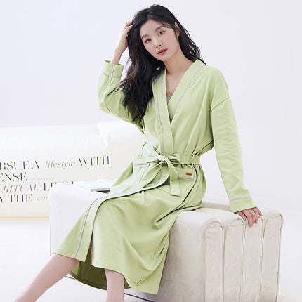 Green M size Women's Cotton Robe — Autumn/Winter Bathrobe & Morning Gown | Long Sleeve, Mid-Length, Plus Size | Loose, Comfortable, and Machine Washable | Suitable for All Seasons.