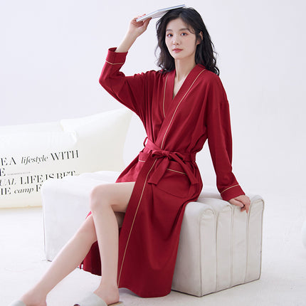 Red XL size Women's Cotton Robe — Autumn/Winter Bathrobe & Morning Gown | Long Sleeve, Mid-Length, Plus Size | Loose, Comfortable, and Machine Washable | Suitable for All Seasons.