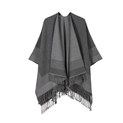 Grey elegant women's tassel cape shawl scarf, multi-functional all-in-one warm and comfortable winter shawl scarf, convenient for home, travel, and office wear, stylish and beautiful with tassels..