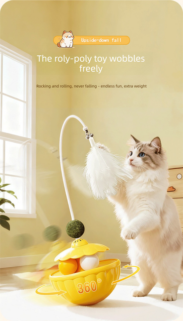 Yellow 2Pcs Interactive Cat Wobble Toy Set - Dual Ball Turntable & Feeder with Feather Teaser and Catnip Ball - PP Plastic for Kitten Self-Entertainment.