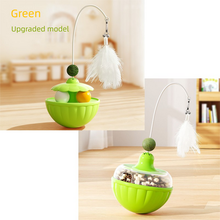 Green 2Pcs Interactive Cat Wobble Toy Set - Dual Ball Turntable & Feeder with Feather Teaser and Catnip Ball - PP Plastic for Kitten Self-Entertainment.