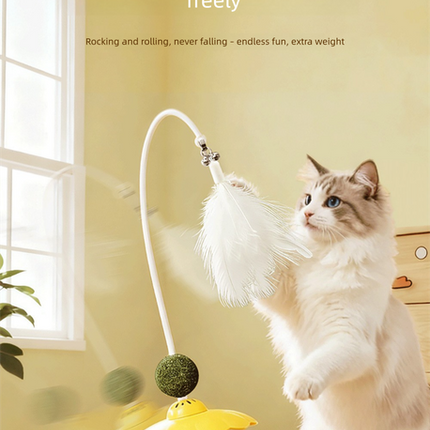 Green 2Pcs Interactive Cat Wobble Toy Set - Dual Ball Turntable & Feeder with Feather Teaser and Catnip Ball - PP Plastic for Kitten Self-Entertainment.
