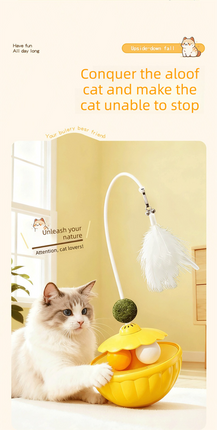 Green 2Pcs Interactive Cat Wobble Toy Set - Dual Ball Turntable & Feeder with Feather Teaser and Catnip Ball - PP Plastic for Kitten Self-Entertainment.