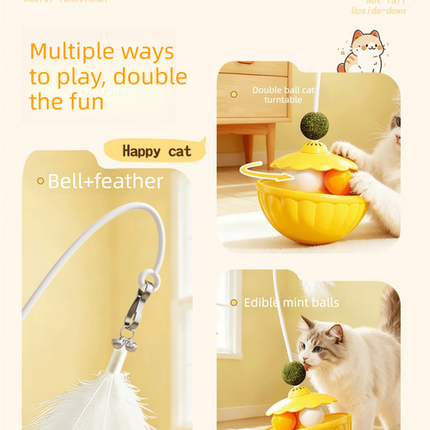 Green 2Pcs Interactive Cat Wobble Toy Set - Dual Ball Turntable & Feeder with Feather Teaser and Catnip Ball - PP Plastic for Kitten Self-Entertainment.