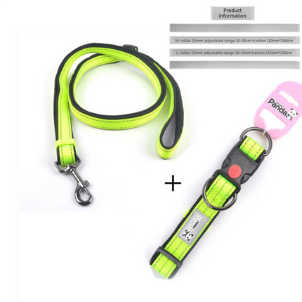 Green M size Vibrant Reflective Dog Collar and Leash Set - Adjustable Nylon Pet Harness with Comfortable Padding.