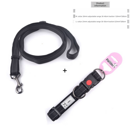 Black L size Vibrant Reflective Dog Collar and Leash Set - Adjustable Nylon Pet Harness with Comfortable Padding.