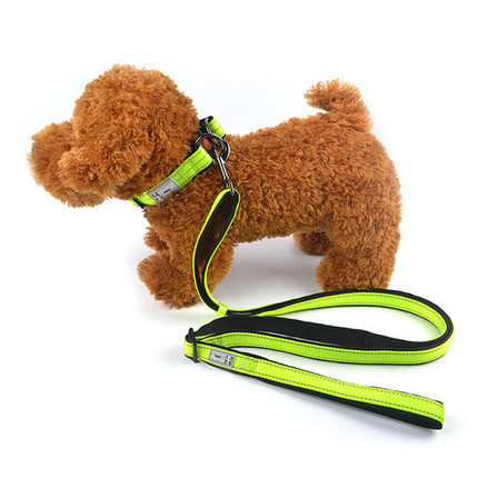 Black L size Vibrant Reflective Dog Collar and Leash Set - Adjustable Nylon Pet Harness with Comfortable Padding.