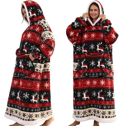 Blue Christmas Edition Oversized Hooded Blanket for Adults - Ultra Soft & Warm Wearable Fleece Throw with Giant Pocket, Perfect for Winter, Christmas & Valentine's Day.