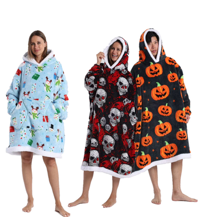 Blue Christmas Edition Oversized Hooded Blanket for Adults - Ultra Soft & Warm Wearable Fleece Throw with Giant Pocket, Perfect for Winter, Christmas & Valentine's Day.