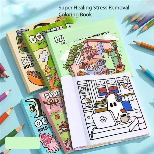 4-Pack Cute & Cozy Coloring Books for Kids, Kawaii Art Therapy Stress Relief Coloring Set with many Healing Illustrations, Mindfulness Drawing Book for Children Teens Ages 3+, Perfect Gift for Relaxation and Creativity【COZY FRIENDS+COZY & CUTE+DRINK& SWEE.