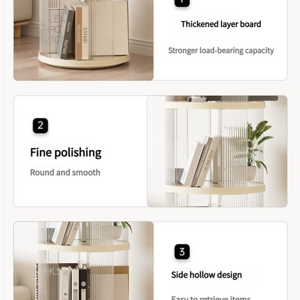 Rotating circular bookshelf with four layers- Cream White Multi-Layer Storage Rack, 40.5x40.5x135.5cm (ABS+PET).
