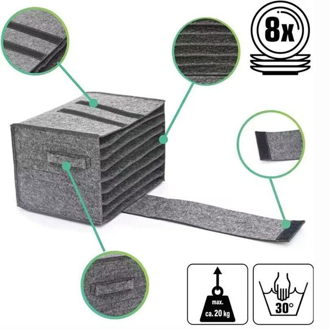 2 Pack Dark Grey Foldable Crockery Storage Organizer (Holds 8 Plates) - Felt Camping & Picnic Dinnerware Storage Box with Handle and Secure Closure