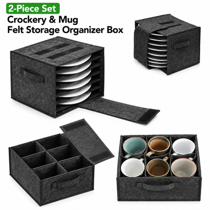 2 Piece Set of Dark Grey Foldable Crockery & Mug Storage Organizer (Holds 8 Plates + 6 Mugs) - Felt Camping & Picnic Dinnerware Storage Box with Handle and Secure Closure