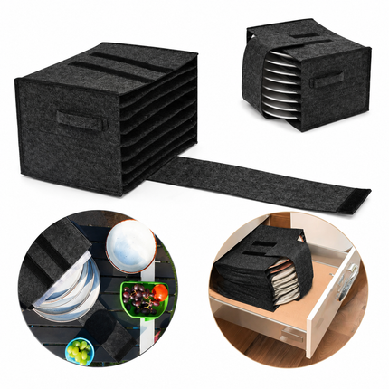 2 Piece Set of Dark Grey Foldable Crockery & Mug Storage Organizer (Holds 8 Plates + 6 Mugs) - Felt Camping & Picnic Dinnerware Storage Box with Handle and Secure Closure