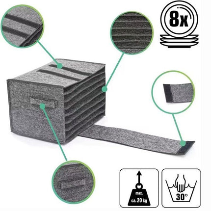 2 Piece Set of Dark Grey Foldable Crockery & Mug Storage Organizer (Holds 8 Plates + 6 Mugs) - Felt Camping & Picnic Dinnerware Storage Box with Handle and Secure Closure