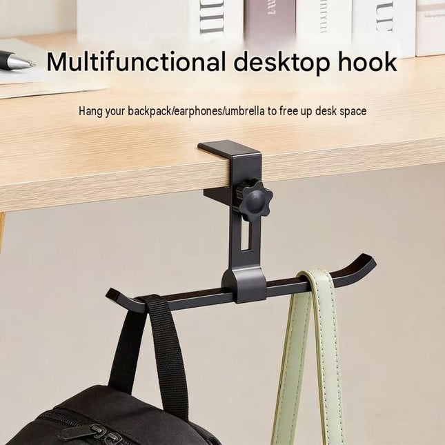 2 pack Black Aluminium Desk Edge Hook - Adjustable Clamp-On Bag Hanger For School And Office - Space Saving Storage Solution