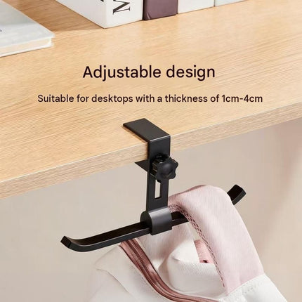 2 pack Black Aluminium Desk Edge Hook - Adjustable Clamp-On Bag Hanger For School And Office - Space Saving Storage Solution