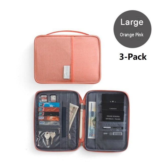 3-pack Large size Orange Pink Travel Document Organiser - Waterproof Oxford Cloth Passport Holder With Multi-Pocket Storage - Portable Card And Cash Wallet For Holidays