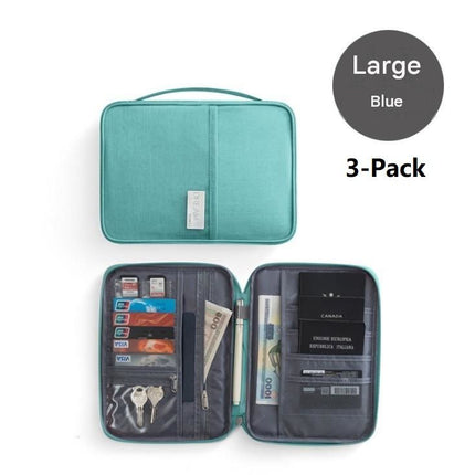 3-pack Large size Blue Travel Document Organiser - Waterproof Oxford Cloth Passport Holder With Multi-Pocket Storage - Portable Card And Cash Wallet For Holidays