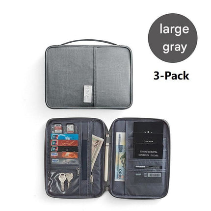 3-pack Large size Grey Travel Document Organiser - Waterproof Oxford Cloth Passport Holder With Multi-Pocket Storage - Portable Card And Cash Wallet For Holidays
