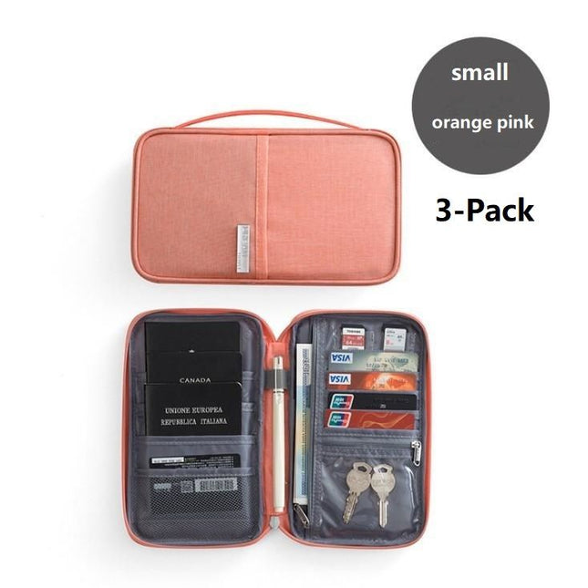 3-pack Small size Orange Pink Travel Document Organiser - Waterproof Oxford Cloth Passport Holder With Multi-Pocket Storage - Portable Card And Cash Wallet For Holidays