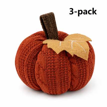 3-pack Brown Knitted Pumpkin Decoration - Polyester Fabric Fall Harvest Ornament With Hanging Loop For Thanksgiving Table Centre And Farmhouse Home Decor