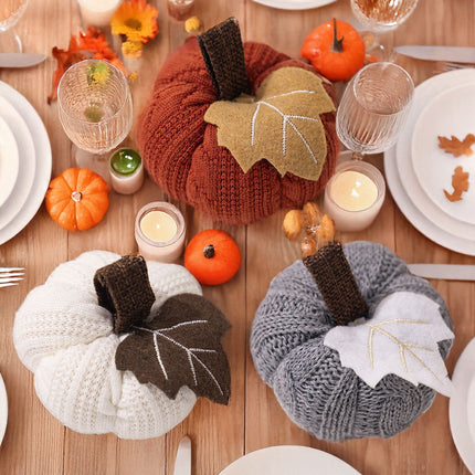 3-pack Brown Knitted Pumpkin Decoration - Polyester Fabric Fall Harvest Ornament With Hanging Loop For Thanksgiving Table Centre And Farmhouse Home Decor
