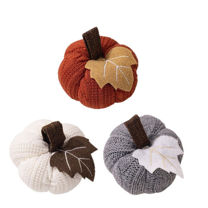 3-pack Brown and Grey and White Knitted Pumpkin Decoration - Polyester Fabric Fall Harvest Ornament With Hanging Loop For Thanksgiving Table Centre And Farmhouse Home Decor