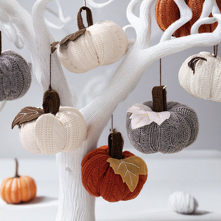3-pack Brown and Grey and White Knitted Pumpkin Decoration - Polyester Fabric Fall Harvest Ornament With Hanging Loop For Thanksgiving Table Centre And Farmhouse Home Decor