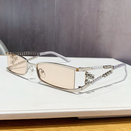Women's Rectangle Sunglasses, Pearl Rhinestone Silver Metal Frame with Transparent Tea UV400 Lenses for Streetwear, Party, Outdoor