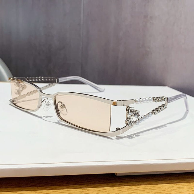 Women's Rectangle Sunglasses, Pearl Rhinestone Silver Metal Frame with Transparent Tea UV400 Lenses for Streetwear, Party, Outdoor