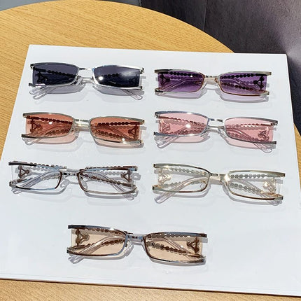 Women's Rectangle Sunglasses, Pearl Rhinestone Silver Metal Frame with Transparent Tea UV400 Lenses for Streetwear, Party, Outdoor