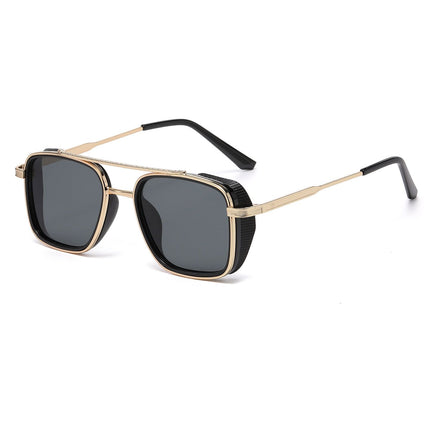 Men's Gold Metal Frame Black Grey Lens Sunglasses - Square Retro Style UV400 Protection Fashion Eyewear for Driving Travel and Daily Wear