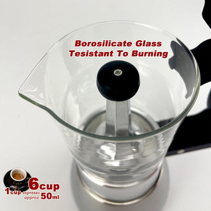 Borosilicate Glass Stainless Steel Moka Pot Coffee Maker Italian Espresso 6Cups.