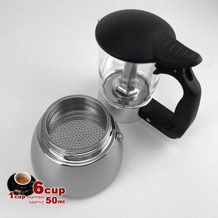Borosilicate Glass Stainless Steel Moka Pot Coffee Maker Italian Espresso 6Cups.