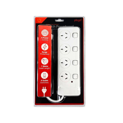 4 Outlet Power Board With Surge Protection with Individual Switches 1M Lead Cable.