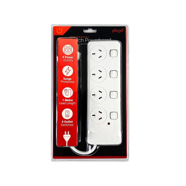 4 Outlet Power Board With Surge Protection with Individual Switches 1M Lead Cable.