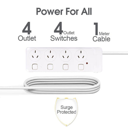 4 Outlet Power Board With Surge Protection with Individual Switches 1M Lead Cable.