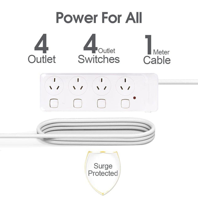 4 Outlet Power Board With Surge Protection with Individual Switches 1M Lead Cable.